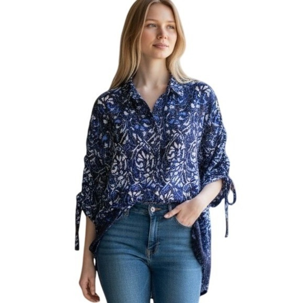 Dkny New Abstract Button Up Blouse Cinched Sleeves Flowy Rayon Navy White Large